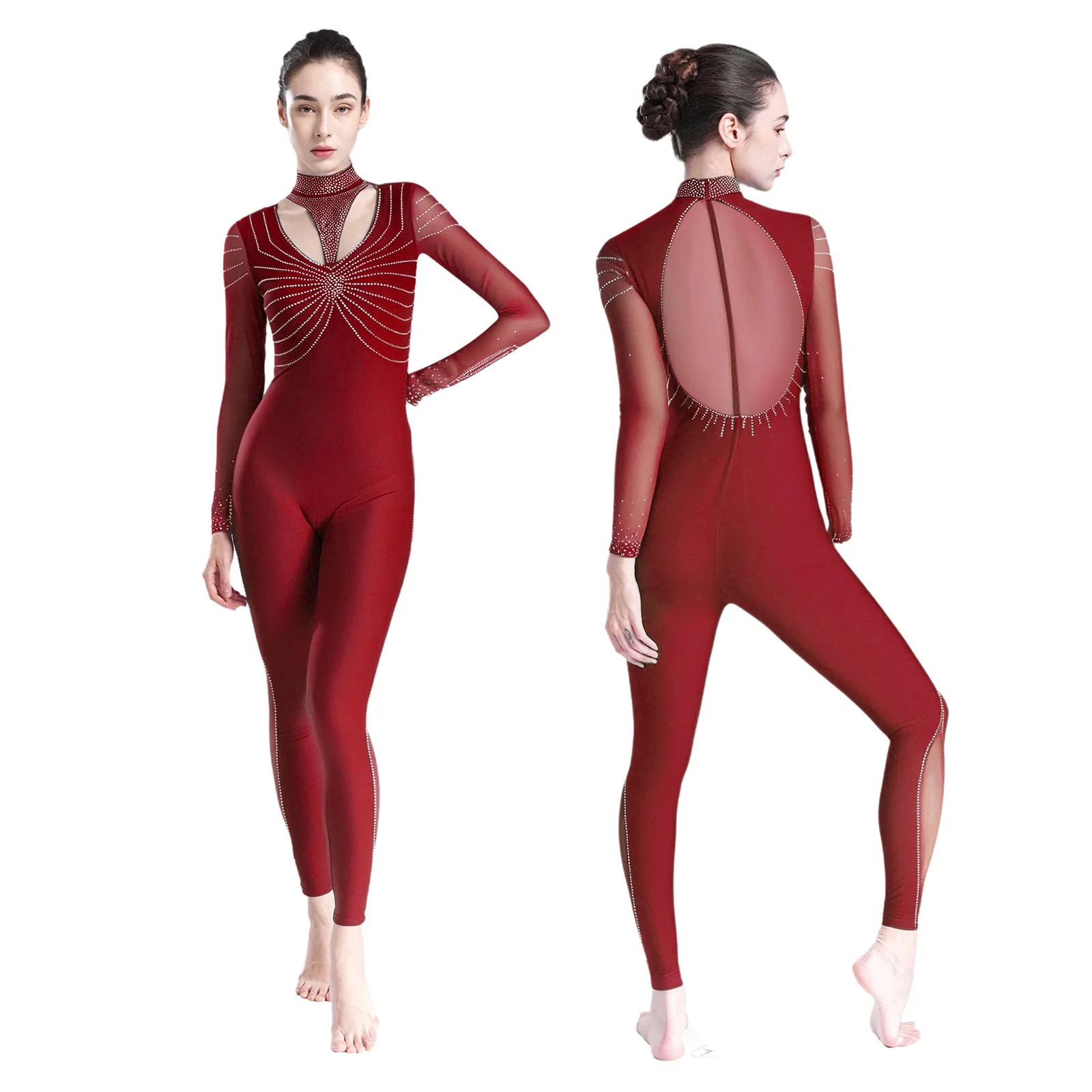 

Womens Figure Skating Gymnastics Leotard Shiny Rhinestones Long Sleeve Ballet Dance Acrobatic Yoga Workout Full Body Unitards