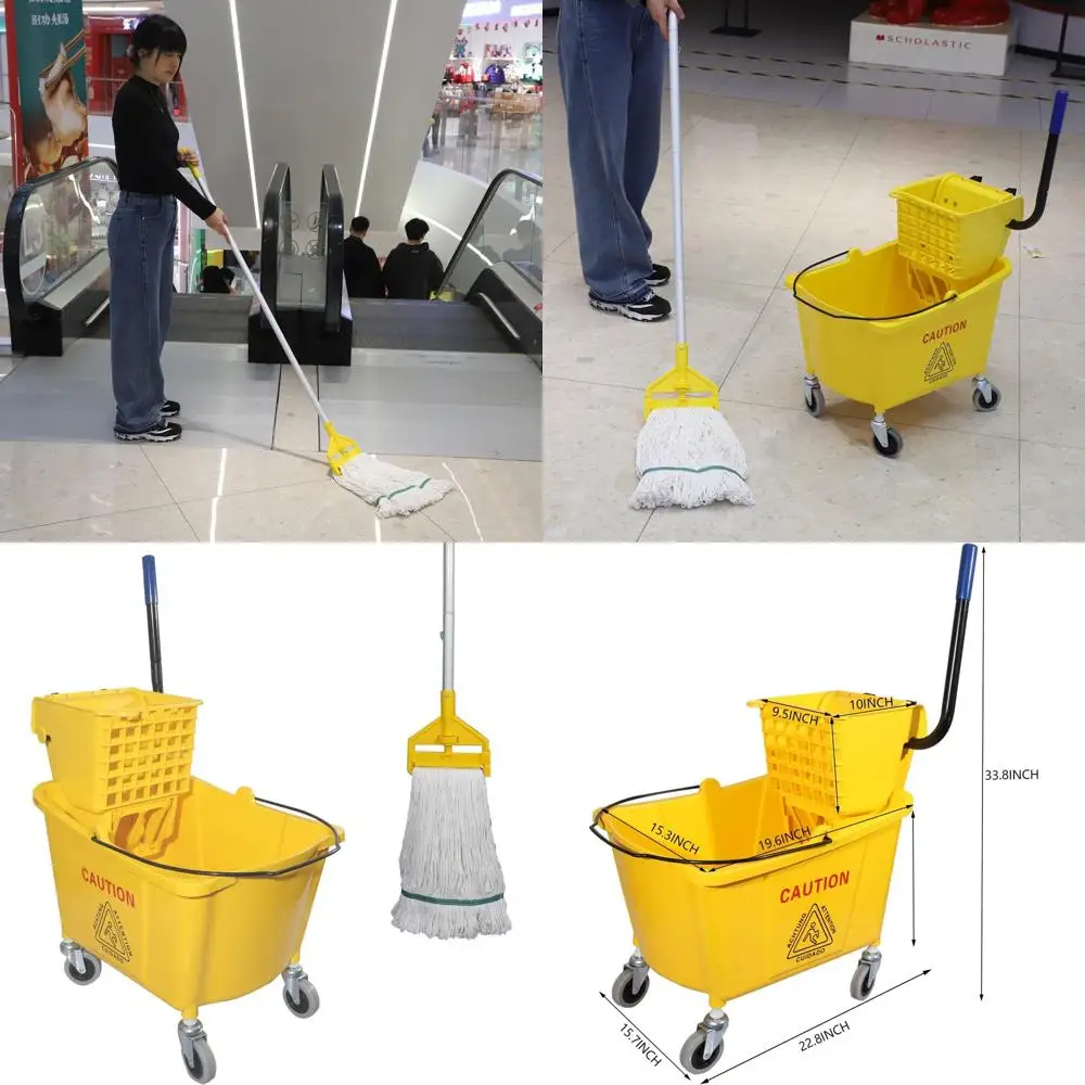 

Желтое коммерческое ведро для швабр объемом 35 кварт с боковым прессом и колесами, в комплекте одна швабра