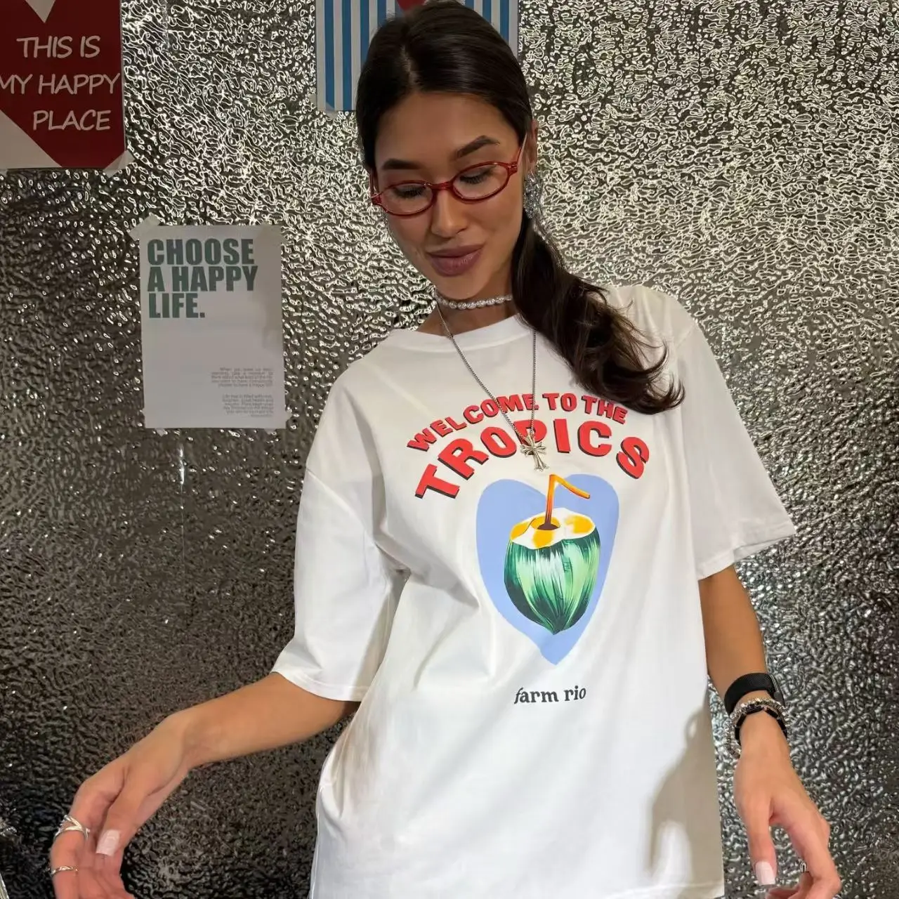 TROPICS Coconut Printing 100% Cotton Pattern Simple Design Crewneck Advanced Outerwear Loose T-shirt Women Vacation Tshirt 2026
