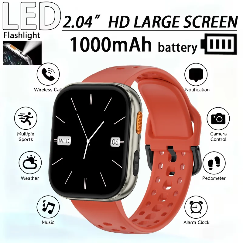 

Новые смарт-часы 2026 года с HD-экраном 2,04 дюйма, 1000 мАч, LED-фонариком, 100+ спортивными режимами, звонками по Bluetooth, водонепроницаемые, для мужчин и женщин
