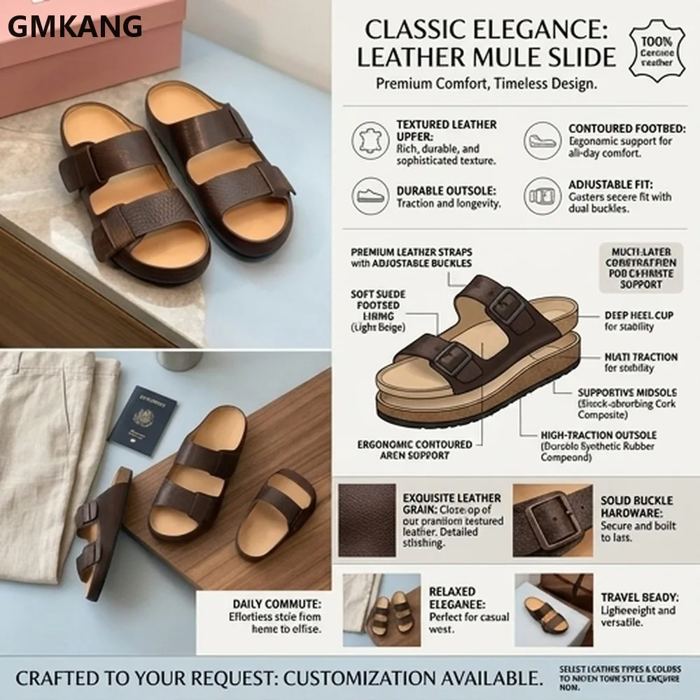 Women Leather Sandals Textured Leather Double-buckle Classic Comfort Slides Flat Heel Open Toe Casual Summer Walking
