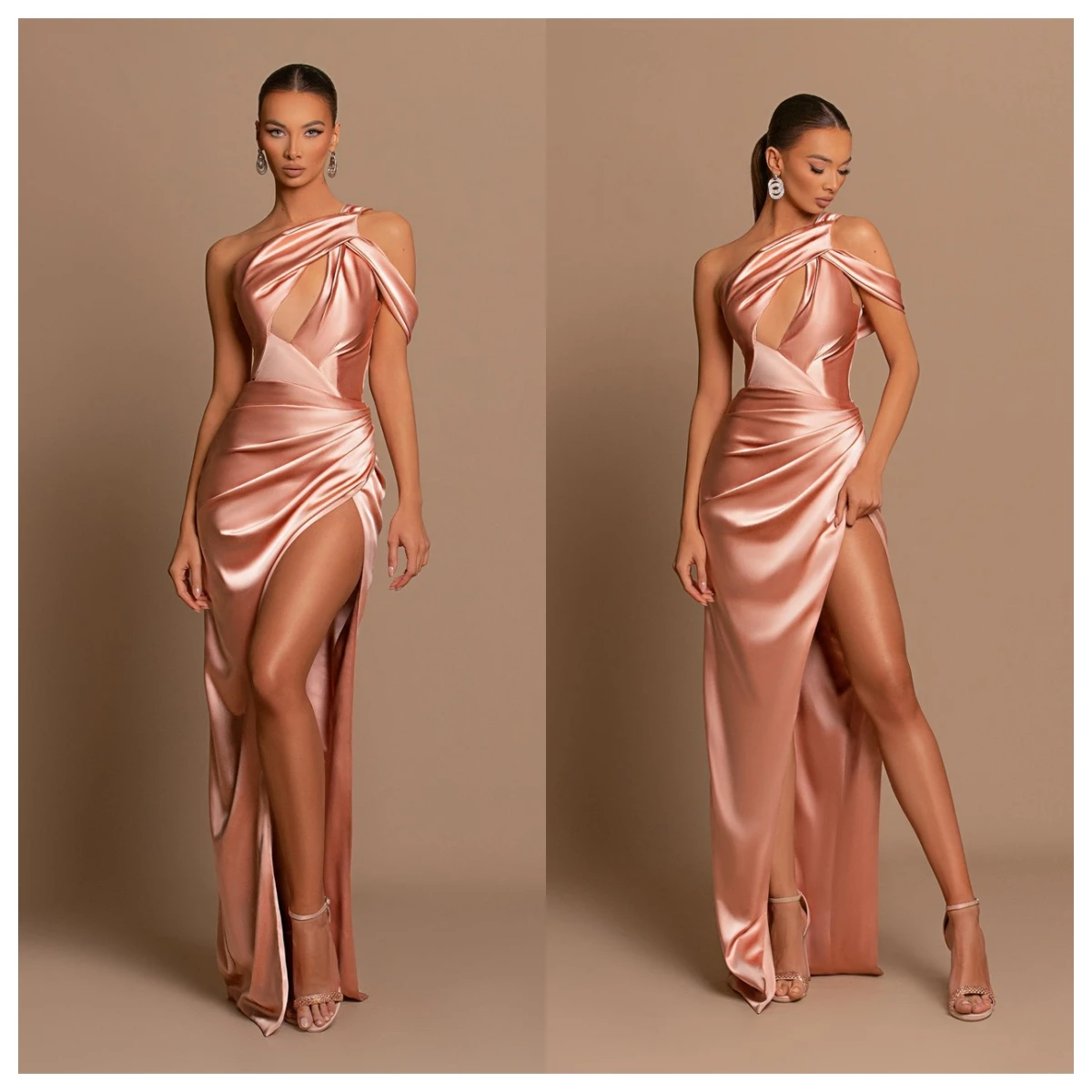 customizedCustomized Delicate  Pink Satin Evening Dress One Shoulder Off the Shoulder Sleeveless Celebrity Gowns Temperament Par