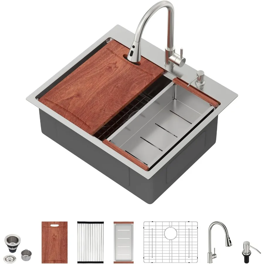 

25 вставной кухонной мойке — рабочая станция из нержавеющей стали 25x22 дюйма с одной чашей над столешницей, смесителем и дозатором мыла 16 Ga