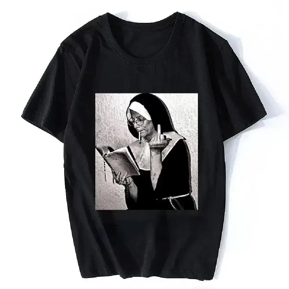 Nun middle finger attitude Harajuku trend streetwear Retro casual Ropa fashion everyday men women universal short-sleeved Tshirt