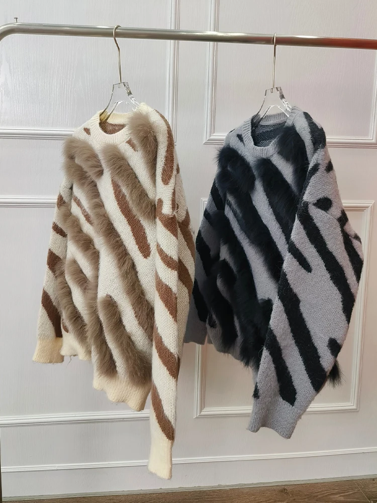 Autumn Women Real Fox Fur Coat Loose Spring Fox Fur Strip Sewed Toghter Decoration Sweater Outerwear Female Coats