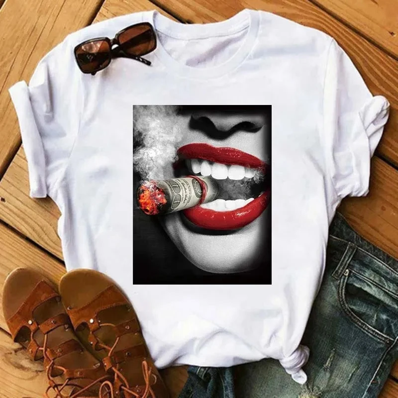 New Sexy Lips Women Tshirt Fashion Graphic Printed T-Shirt Harajuku  Ulzzang Rose Diamond Snake Lips Casual Tops Tee
