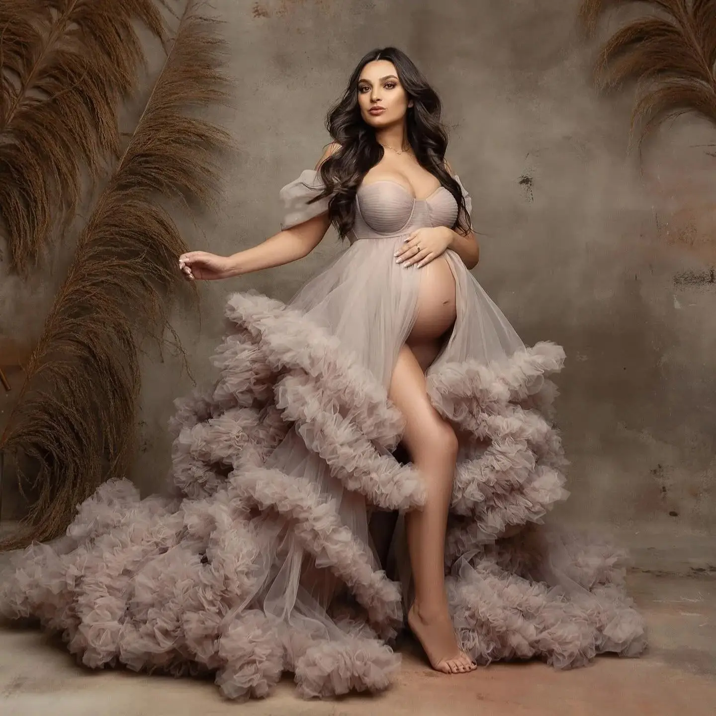 2024 modne suknie balowe wielowarstwowe falbany sukienka ciążowa sesja zdjęciowa formalna odzież imprezowa rozcięcie z przodu suknie na Baby Shower dostosowane
