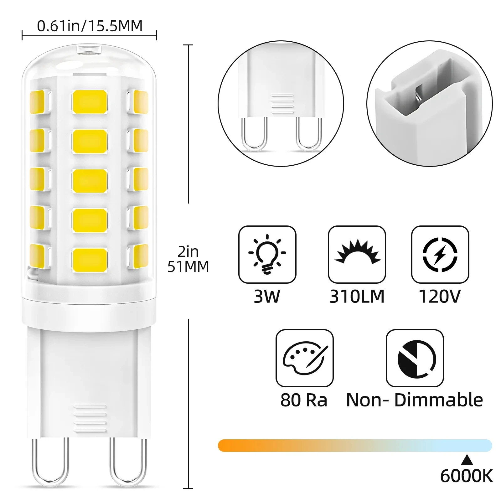 G9 LED Bulb 3W AC 120V, Aluminum Corn Light, 2700K Soft Warm White & 6000K Natural White, Plastic G9 Base for Home Lighting, Ceiling Fans, Chandeliers, Wall Sconces, 2 Color Options