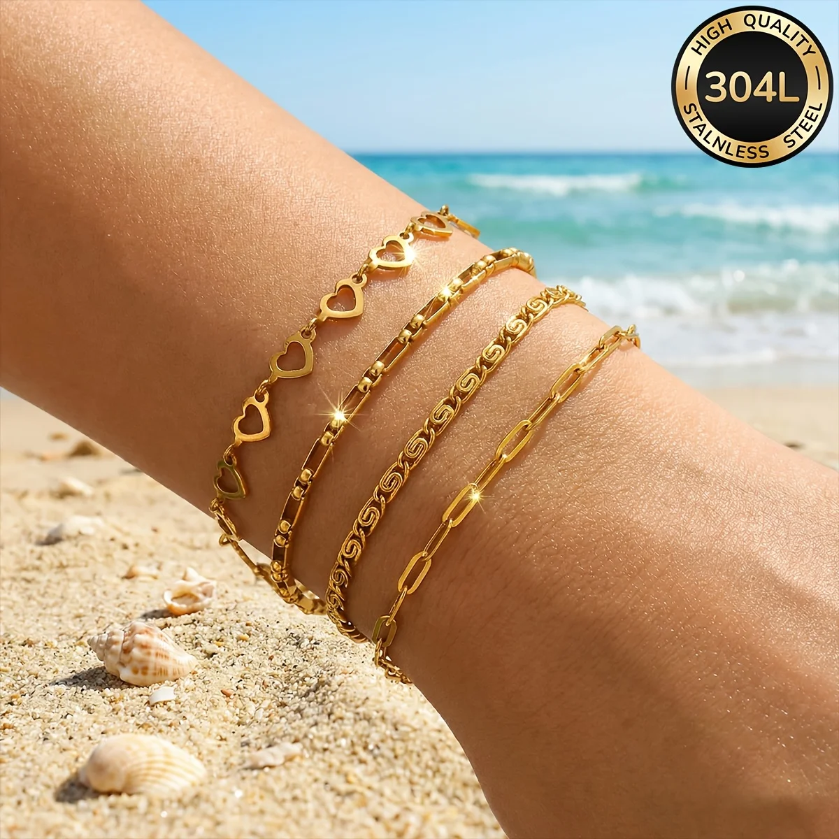 4-Piece Set of 304L Stainless Steel 18K Gold-Plated Women's Bracelets, Waterproof and Non-Fading, Women's Jewelry Set, Fashionable and Elegant Women's Jewelry, Suitable for Wearing in All Seasons Perfect for Wearing on the Beach