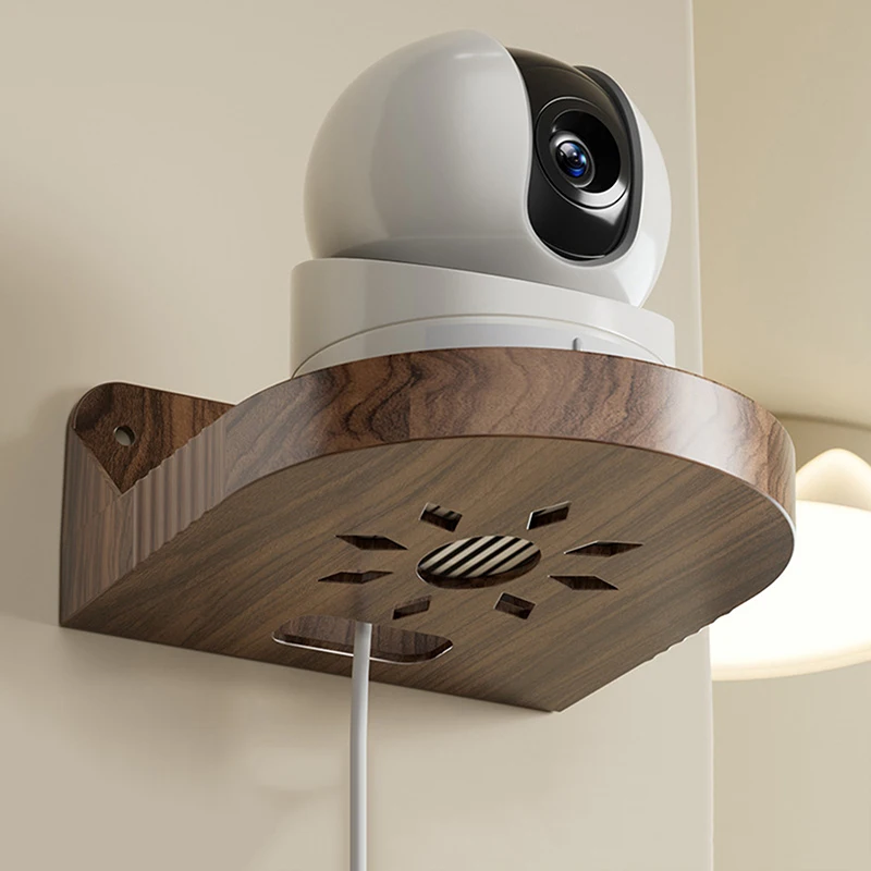 Wood Grain Wall Mount Shelf for Security Camera Multi Purpose Router Top Box Bracket Monitor Holder with Cable Management Hole