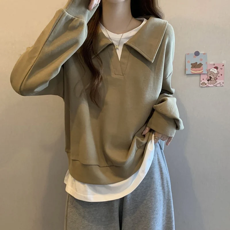 Fashion Lapel Spliced Fake Two Pieces Sweatshirts Female Clothing 2024 Autumn Winter New Loose Korean Tops Casual Sweatshirts