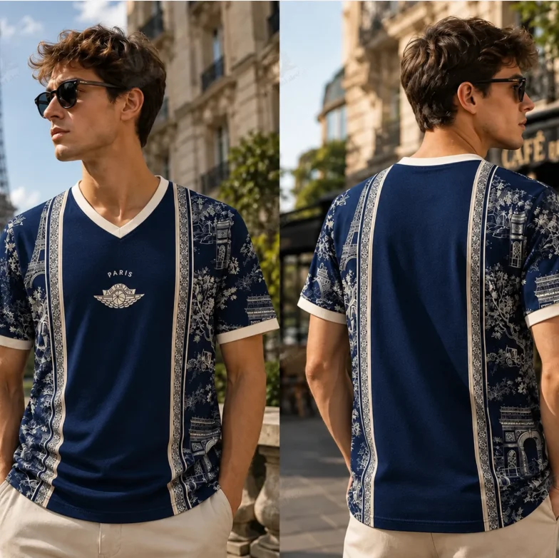 Paris Street Style V‑Neck T‑Shirt Men Women Unisex Short Sleeve Eiffel Tower Print Casual Streetwear Tee Top