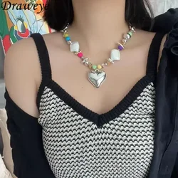 Draweye Colorful Beads Heart Necklace for Women Y2k Korean Fashion Vintage Sweet Jewelry Hiphop Irregular Collares Para Mujer