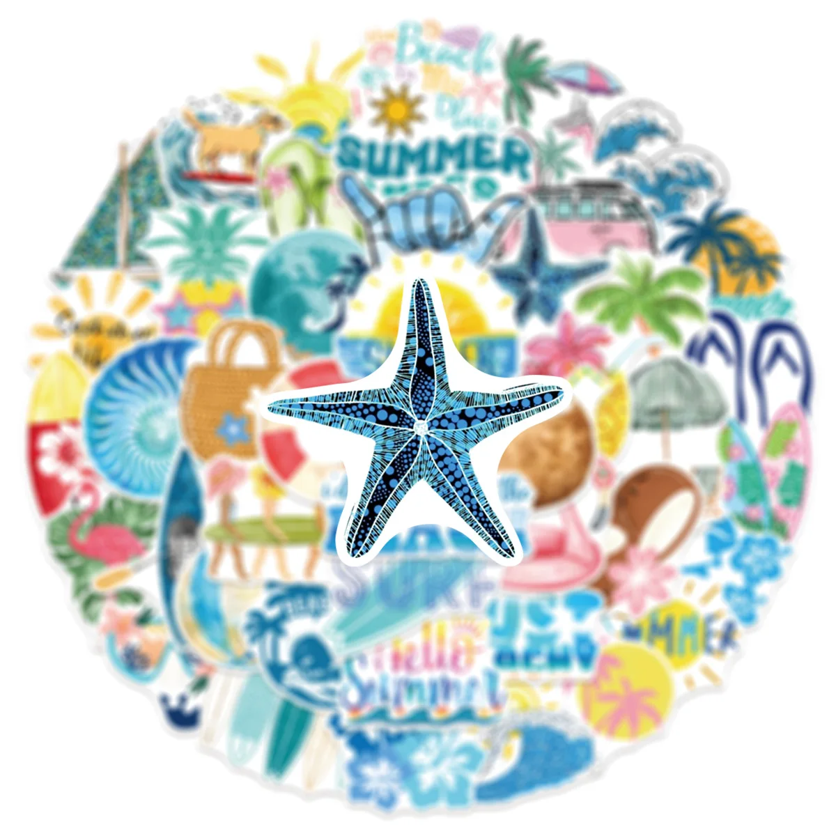 50 Stück Strand- und Surf-Graffiti-Aufkleber, kleine frische Cartoon-Sticker für DIY-Notizbücher, Handys, Gitarren, Kühlschränke, klassisches Kinderspielzeug
