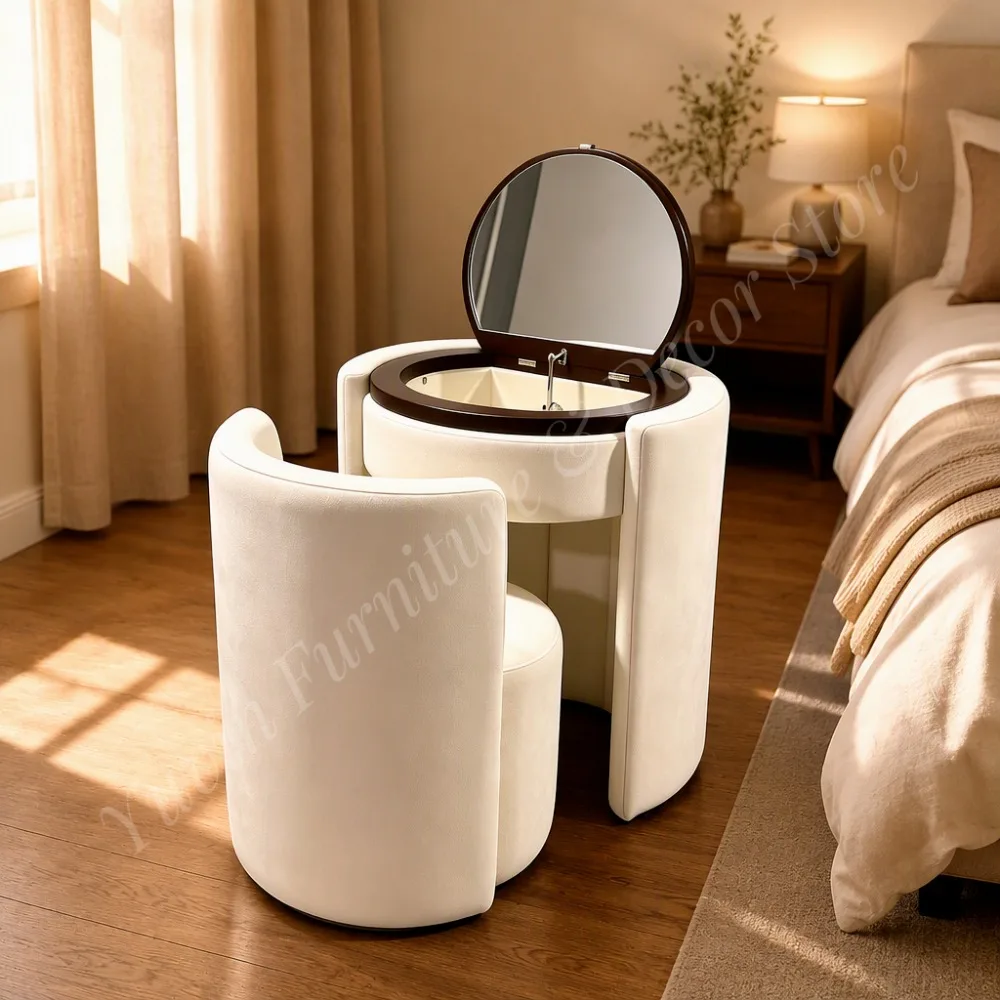 Modern Velvet Solid Wood Dressing Table Set with Flip-Top Round Mirror Stool Compact Hotel Bedroom Vanity Multi Colors Available