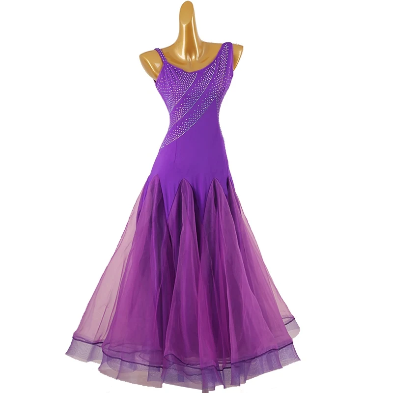 Vestido de competición de baile de salón para mujer, traje Sexy púrpura con diamantes de imitación, ropa de actuación de baile moderno, Vals, Chacha, DQL9091, 2024