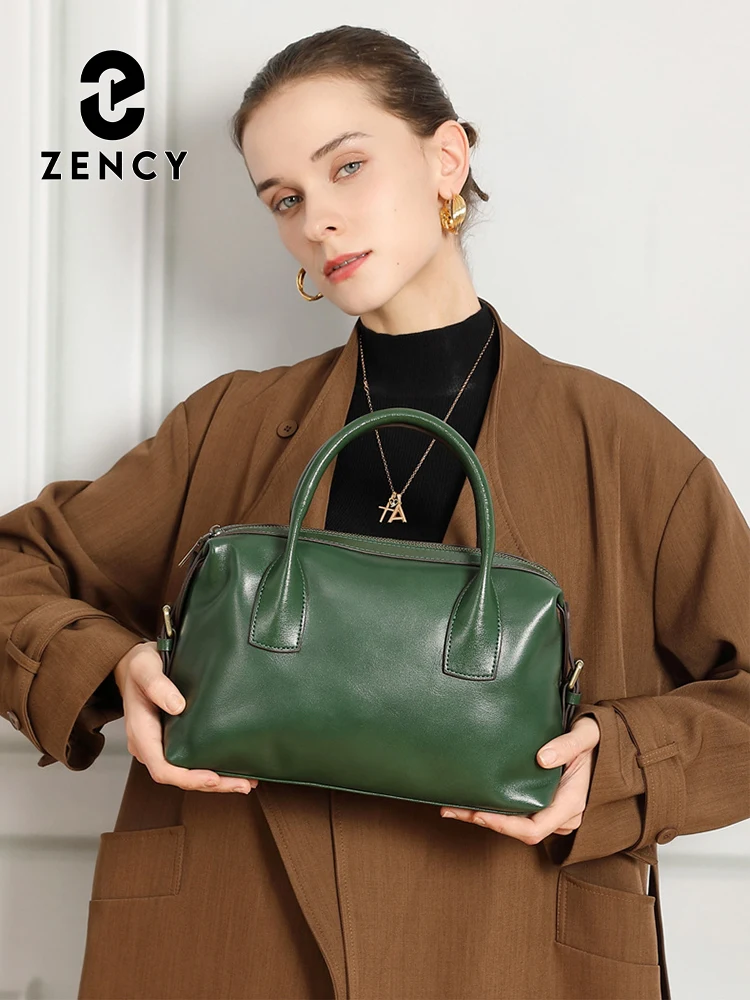 Zency Vintage Green Genuine Leather Top-handle Bag For Women Boston Bag Shoulder Handbag Crossbody Large Capacity Bolsas