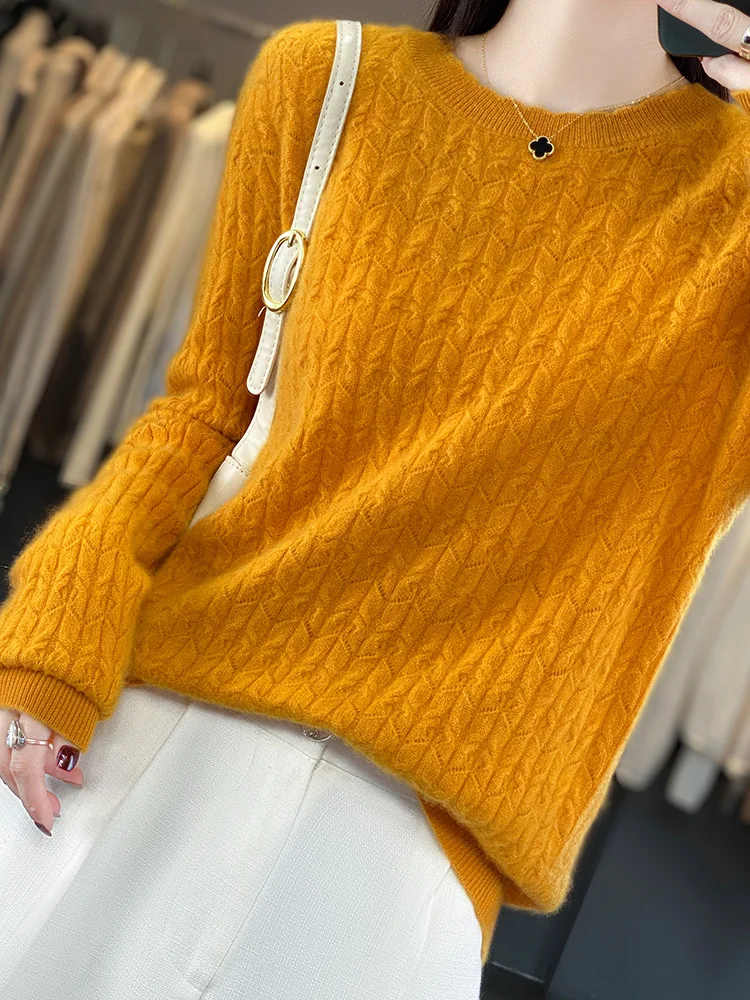 Women Autumn Winter Pullovers 100% Merino Wool Sweater O-Neck Hollow Long Sleeves Casual Cashmere Knitwer Korean Fashion Tops