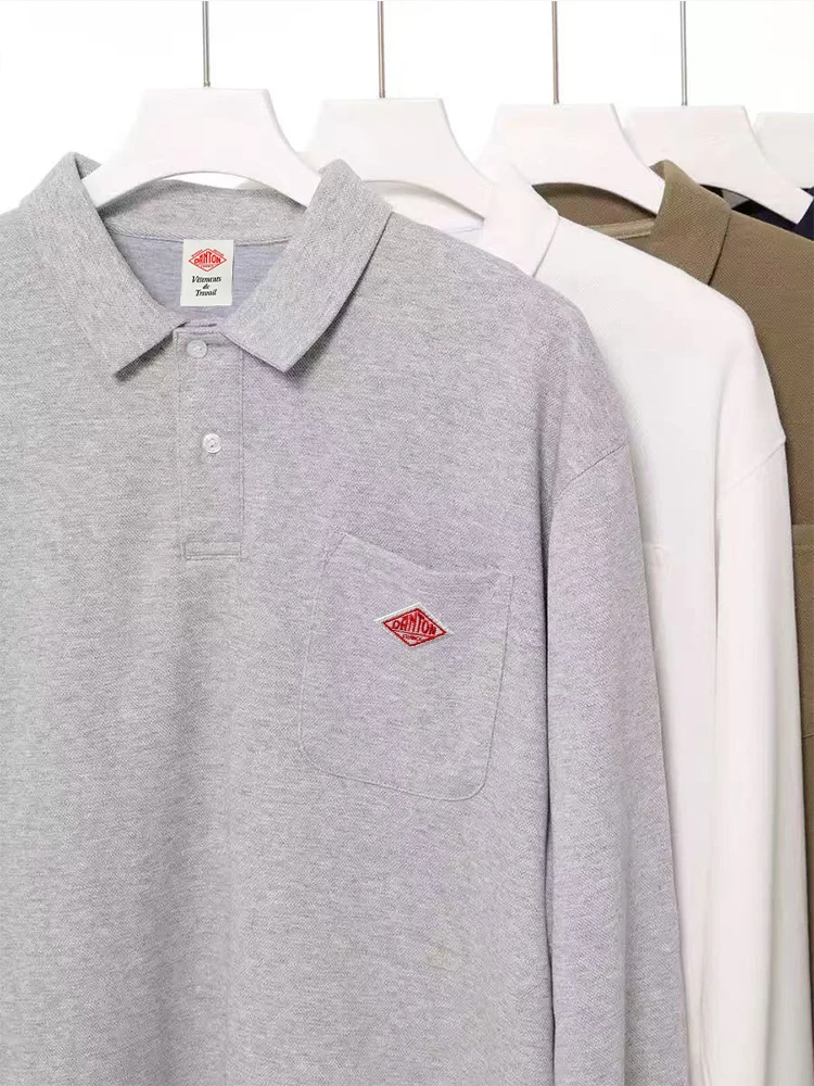 Gran oferta, camiseta Polo de manga larga con bolsillo sólido de calidad para primavera y otoño para hombre, camiseta con Logo bordado, camisetas cómodas, exportaciones de Japón