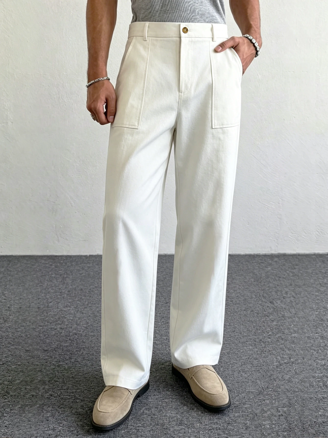 Men Solid Color Neapolitan Straight Suit Pants Elegant Light Business Commuter Button Loose Casual Office Dress Trousers