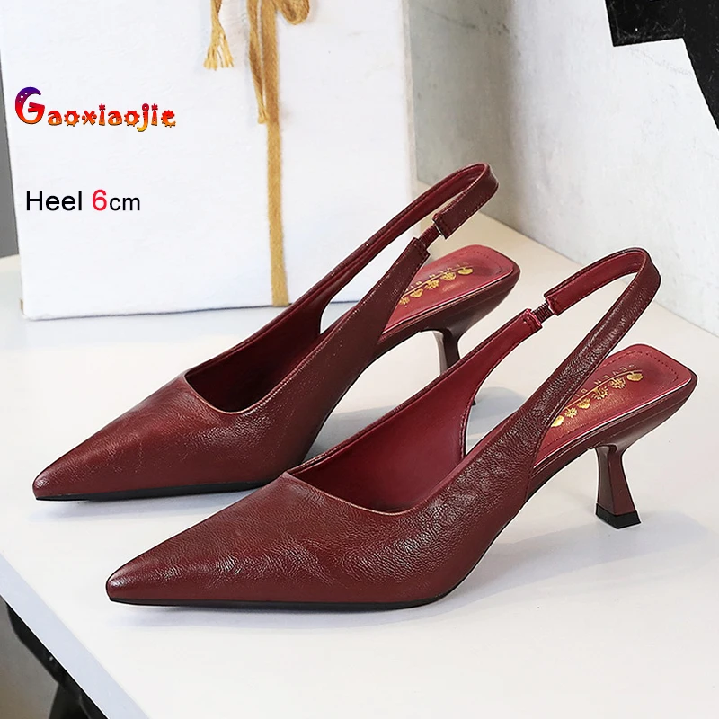 

Wine red High Heels Summer Autumn Shallow Elegant Style Women Single Shoes Daily 6CM Stiletto Slingback Pointy Pumps For Woman
