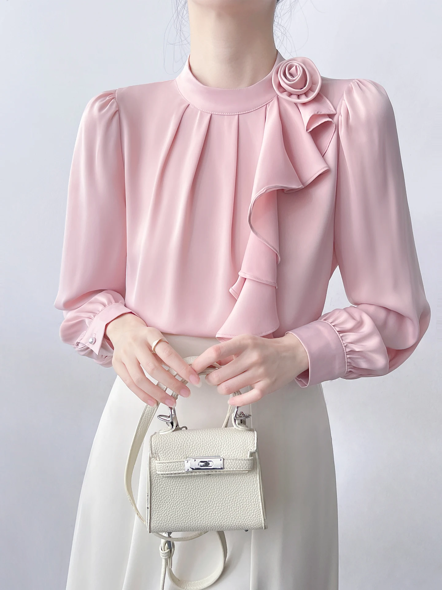 

Removable Flower Long Sve Satin Drapey irt for Women Gentle Wind Lotus Le Korean Faion Loose Fit Pink Top