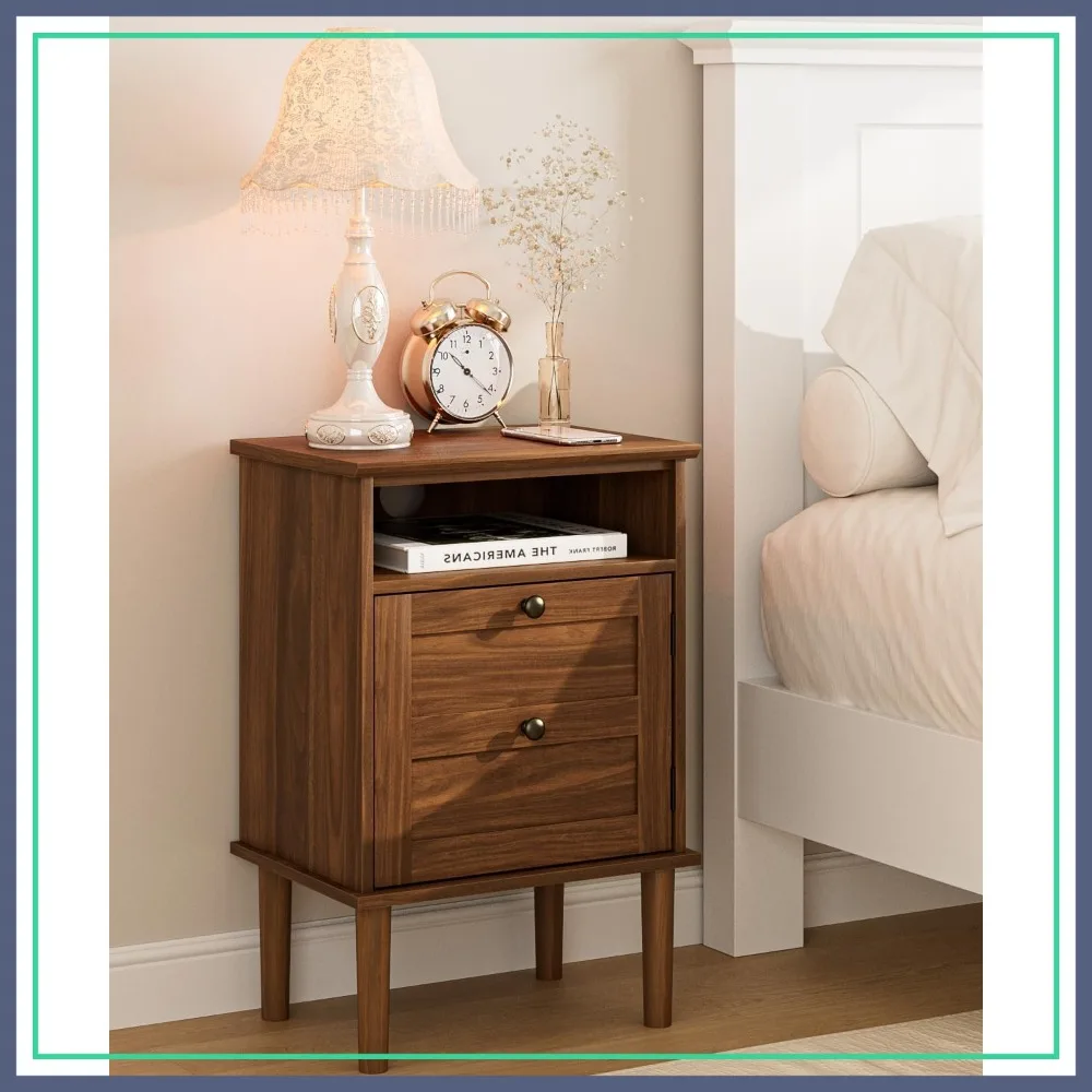 

Boho Nightstand with Drawer, Wooden Side Table with Open Shelf for Bedroom, Living Room, Walnut