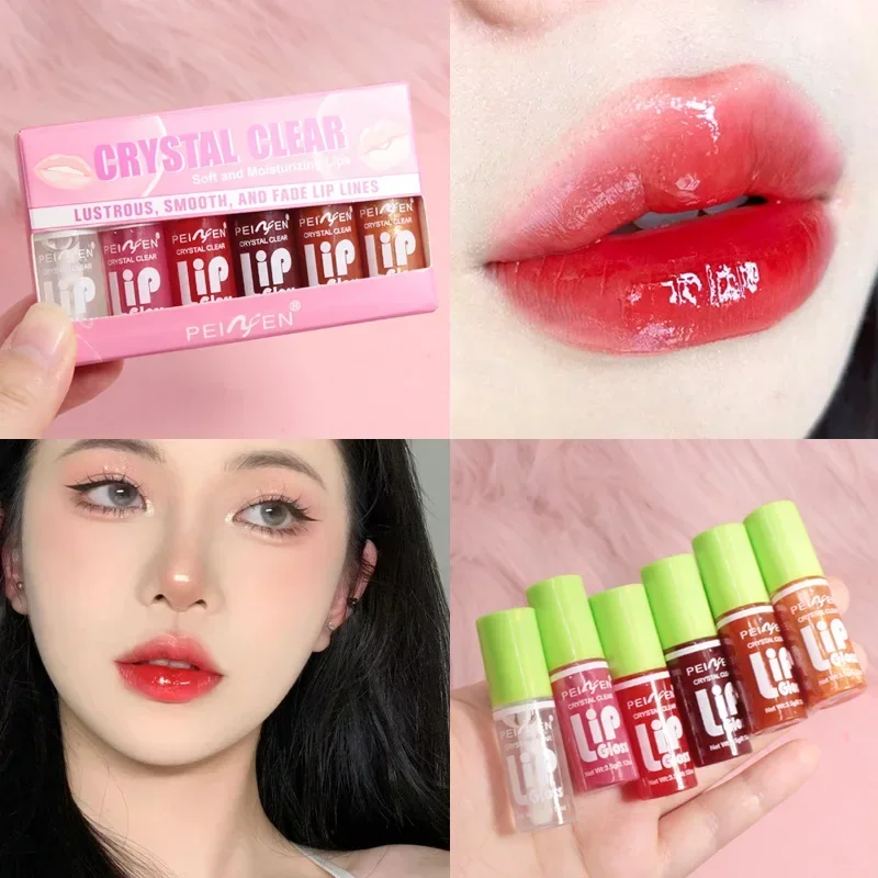 6pcs Crystal Clear Lip Gloss Set Moist Glass Mirror Light Makeup Lip Balm Not Sticky Cherry Peach Color Watery Lipgloss Kit