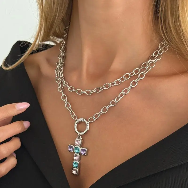 Kreuzanhänger-Halskette mit Bunten Glas-Strasssteinen, Trendiger Exquisiter Halloween-Schmuck für Damen-Accessoires – Detail 12