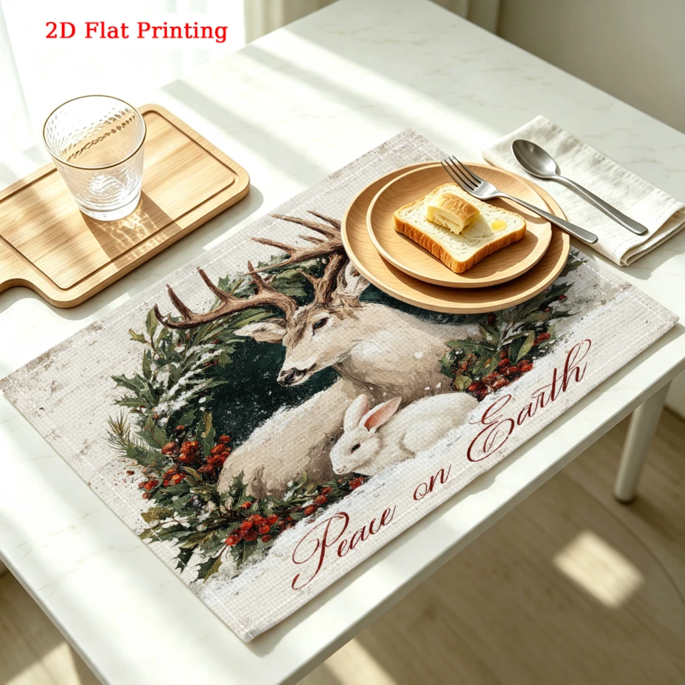 1Pc Christmas Deer Rabbit Placemat Beige Peace On Earth Print Table Mat Kitchen Dining Party Decor 30X40Cm Cover