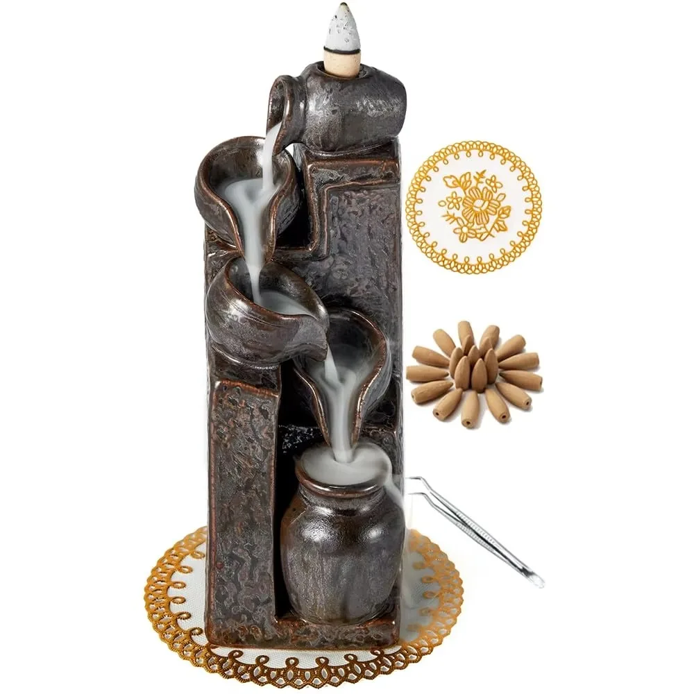 Unique Cascading Basins Ceramic Waterfall Incense Holder, Paired with a Pack of Backflow Incense Cones. (Primary)