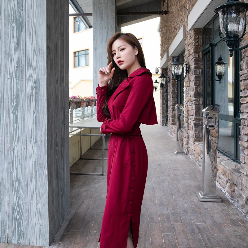 Classic Autumn And Winter New Wine Red Side Split Large Lapel Button Windbreaker Women's Long Coat Fashion Female Overcoat