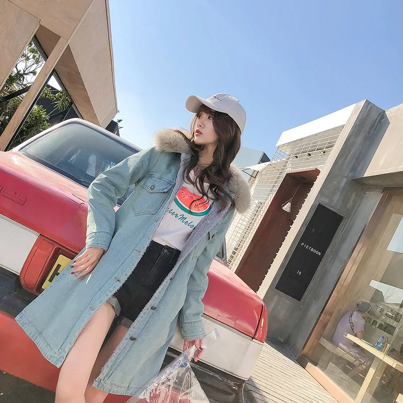 Winter Korean Thicken Denim Coat Cotton Clothes Women Trench New Cashmere Windbreaker Faux Lamb Fur Lambswool Padded Jacket