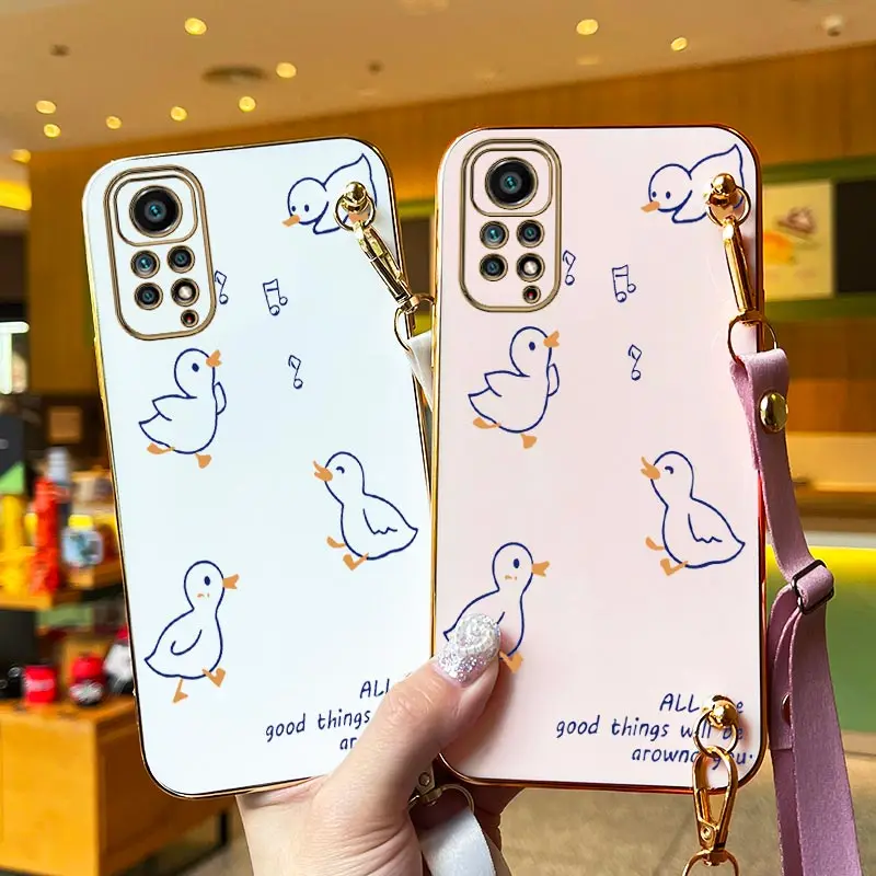 Singing Duck Lanyard Plating Phone Case For Xiaomi Redmi Note 11 11EPro 11T 11S 11SE 11Pro 11TPro 12R 12 12Turbo 10S 10Pro Cover