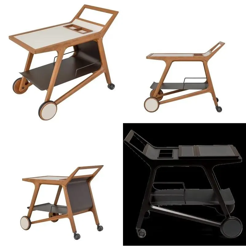 High End Solid Walnut Bar Cart with Saddle Leather Top Storage Compartment and Wheels for Home Use