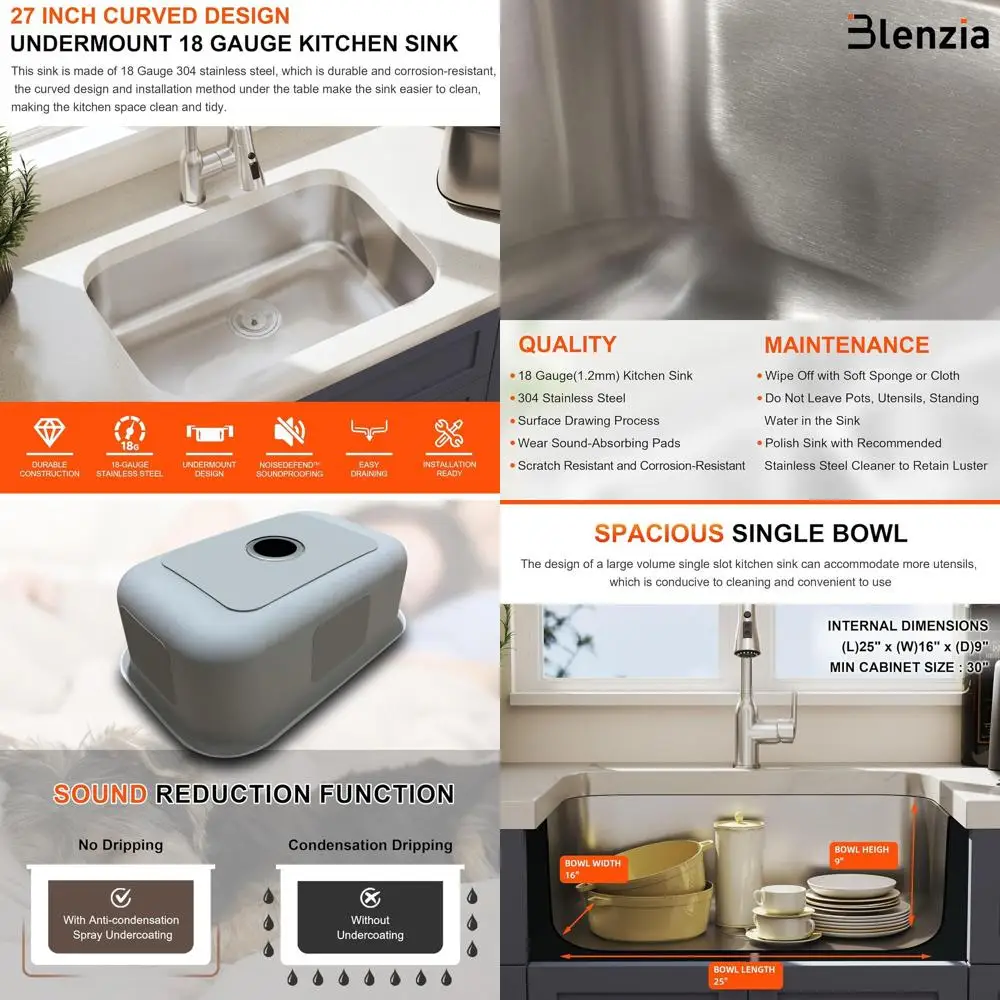 

27 Undermount Single Bowl Stainless Steel Sink - 18 Gauge, Curved Design, Commercial Grade, Satin Finish