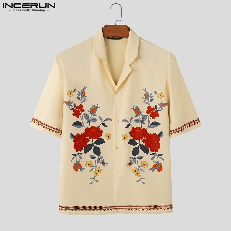 INCERUN Men\'s Shirt Floral Printing Lapel Short Sleeve Streetwear 2024 Casual Men Clothing Summer Vacation Fashion Male Shirts