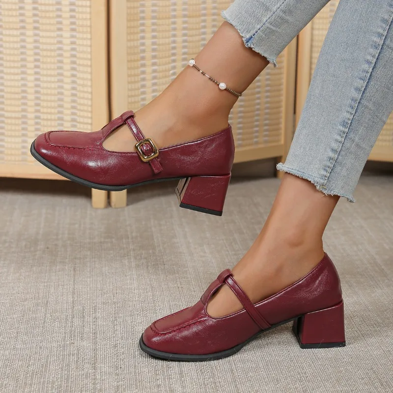 

Women's French Retro Block-Heel Square-Toe Loafers — 2026 Spring/Autumn Elegant Round-Toe High Heels (Plus Sizes Available)