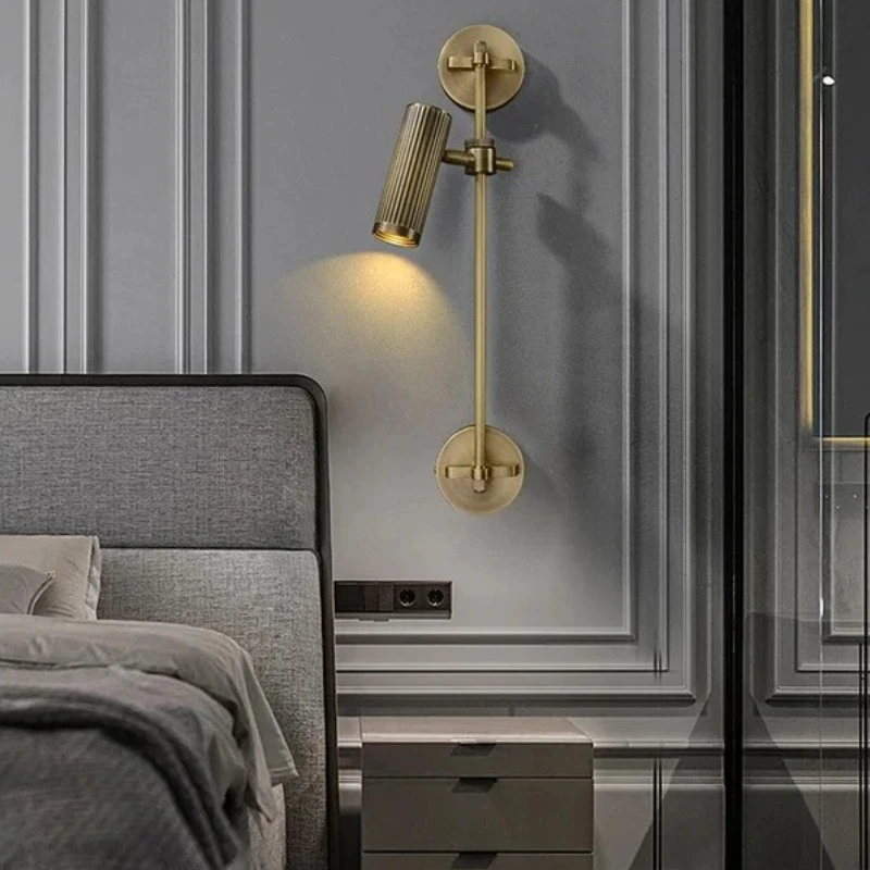 American Retro All Copper Wall Lamp LED Light Adjustable Angle Bedroom Bedside Living Room Restaurant Single/double Head Sconces