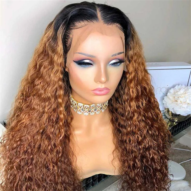 Perruque Lace Front Wig crépue bouclée sans colle pour femme, cheveux doux, longue densité 180, brun ombré, cheveux de bébé, préplumée, 03/26 po