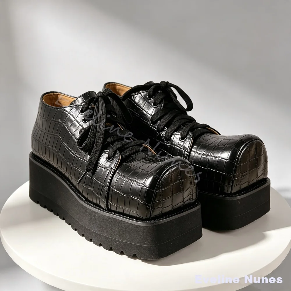 Crocodile Pattern Square Platform Oxford Shoes Men Gothic Lace‑Up Thick Sole Sneakers Street Fashion Cosplay Party Ankle Shoes