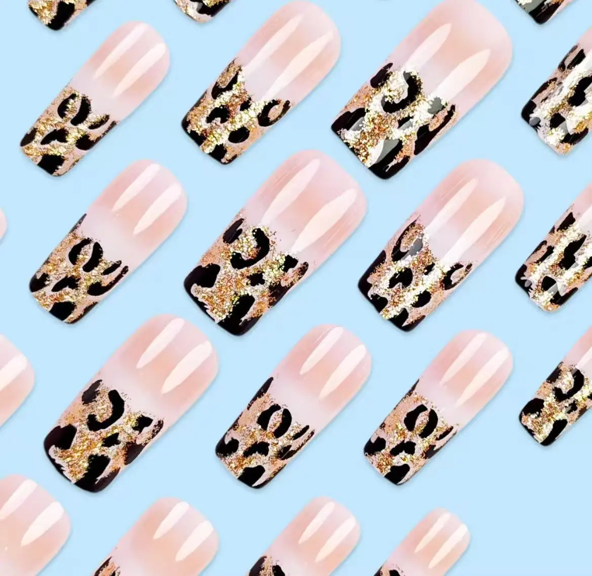 

Leopard Print French Tip Press On Nails, Short Square Nude Ombre Fake Nails with Heart Line, Reusable Acrylic Full Cover Nail Art for Women
