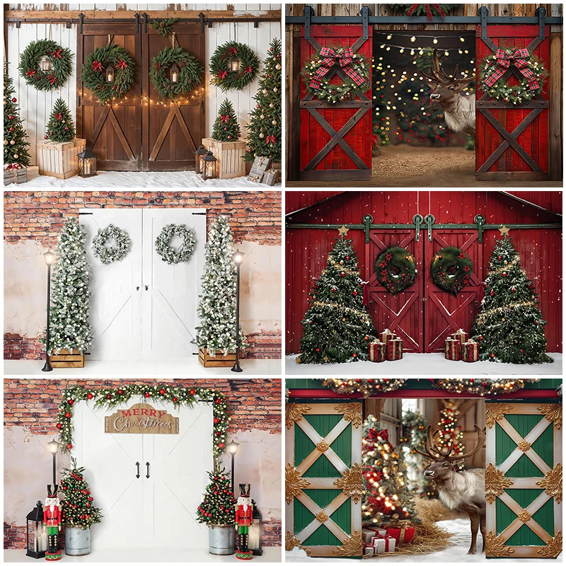 

Mocsicka Photography Background Winter Christmas Barn Wood Door Snow Xmas Tree Kids Family Portrait Decor Backdrop Photo Studio