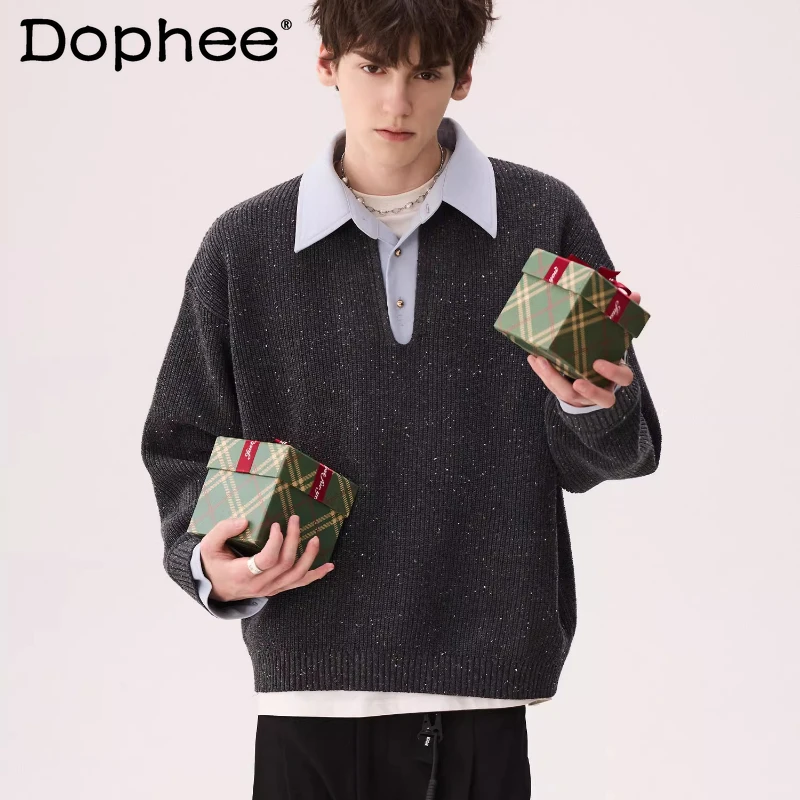 

Men's 2025 Autumn Winter New Thickened Knitwears Faux Two-Piece Color Matching Sweaters Men's Warm High-End Inner Wear Chic Tops