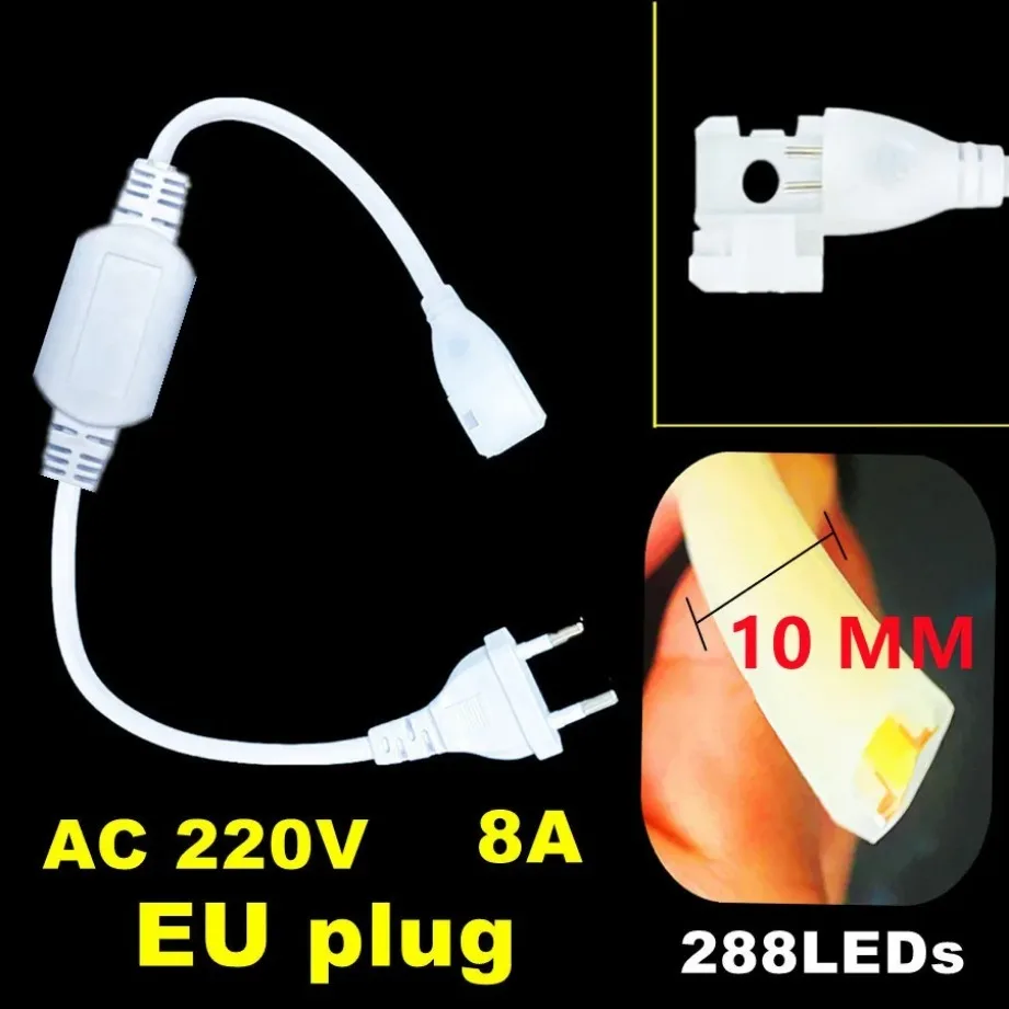 Bande lumineuse LED COB, 288 diodes/m, 220V, prise UE, RA90, blanc chaud, 3000K, 4500K, 6500K, flexible, pour chambre à coucher, cuisine, étanche