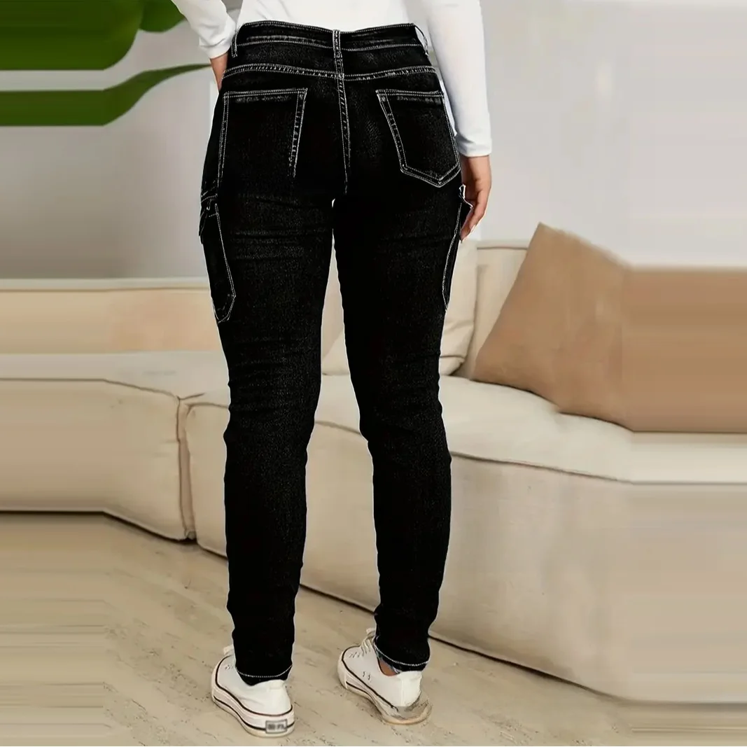 Vintage Denim Pencil Pants for Women Trousers with Pockets Slim Fit Elastic Waist Polyester Fabric Folded Design Jeans