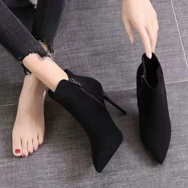 Short Boots Women 2023 Autumn/Winter High Heel Shoes Sexy Black Stiletto Pointed Toe Side Zipper Botines Casual Botas De Mujer