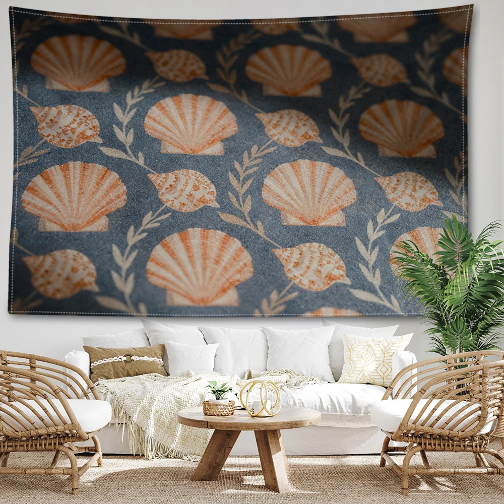 Navy Blue  Scallop Conch Leaf Repeat Printed Tapestry Wall Hanging Bohemian Style Bedroom Home Decor