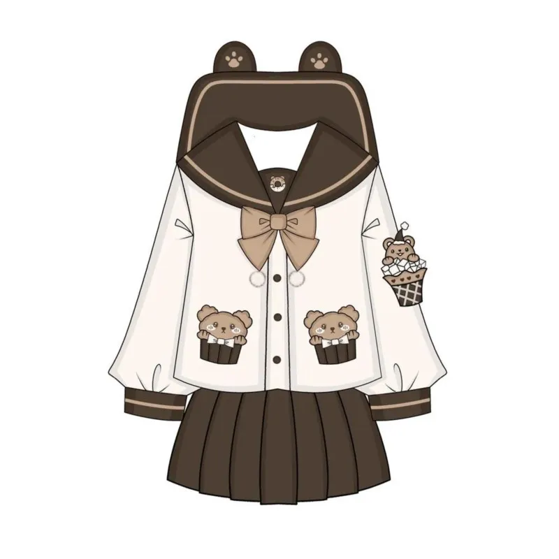 Cute bear JK uniform Korean Japanese long short sleeved sailor suit Girl White Brown pleated skirt suit anime cosplay Costumes