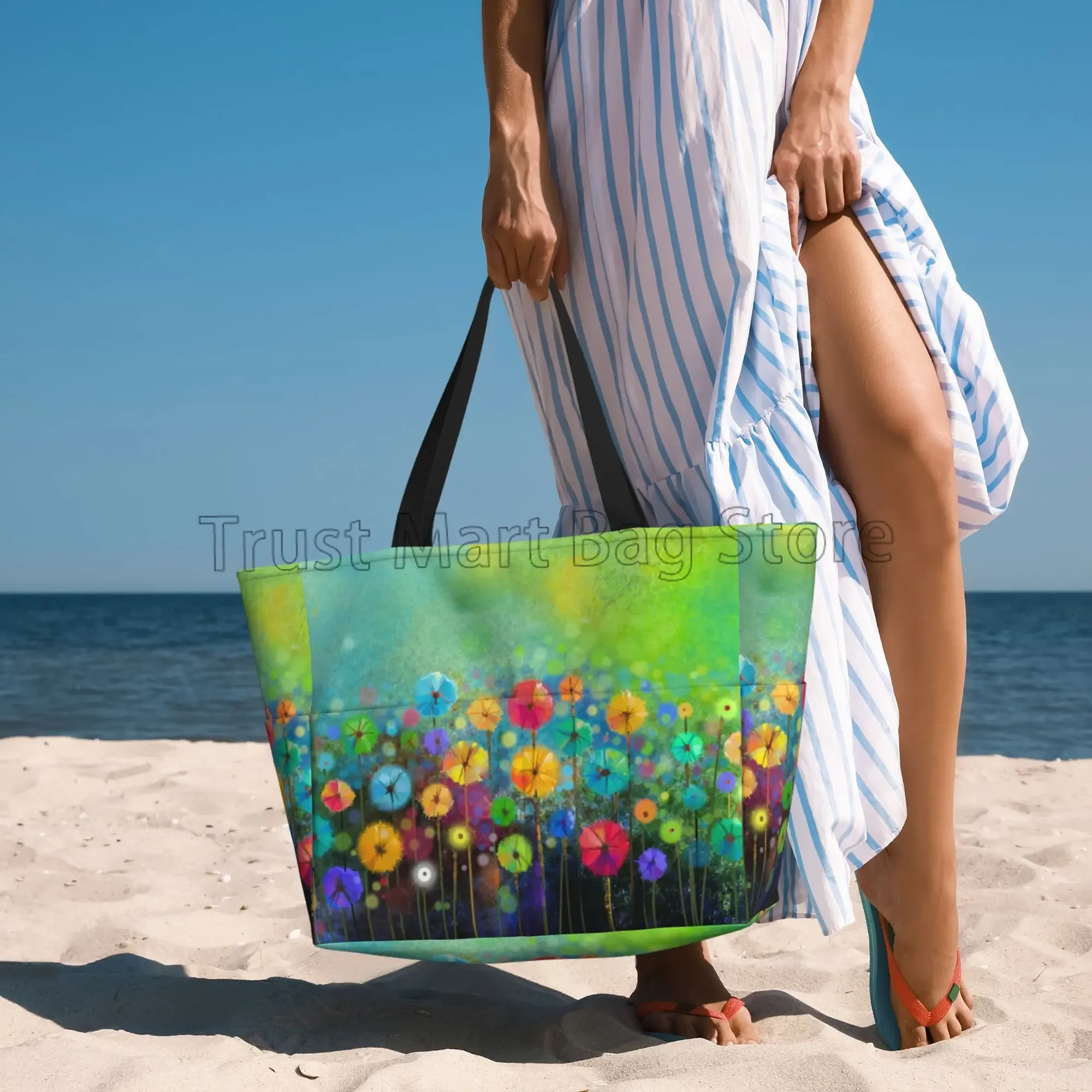 Abstract Flower Floral Watercolor Painting Large Waterproof Beach Bag for Women Sandproof Pool Tote Bag for Travel Vacation Swim